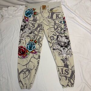 Vintage Y2K Ed Hardy Men’s Large Printed Sweatpants Love Kills Slowly Tattoo